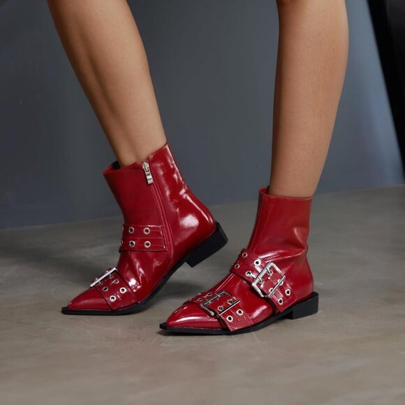 🆕Women's Gothic Combat Ankle Booties, Pointed Toe, Chunky Heel, Wine Red, PU - Picture 3 of 6